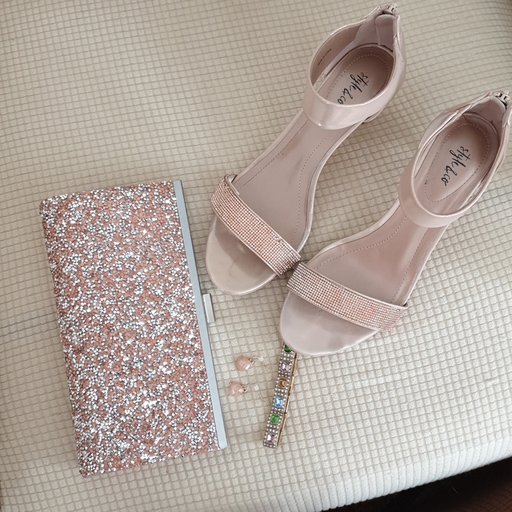 Rose Gold Sparkle Shoes, Clutch and Jewelry